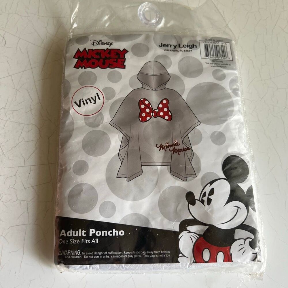 Disney adult vinyl rain poncho a graphic of Minnie Mouse's signature red-and-whi